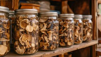 Dried mushrooms stored in jars for preservation. Dry mushrooms in clear glass jar on kitchen photo