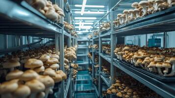 Mushroom cultivation in indoor farms, Growing of mushrooms from compost into casing on organic farm photo