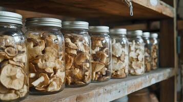 Dried mushrooms stored in jars for preservation. Dry mushrooms in clear glass jar on kitchen photo