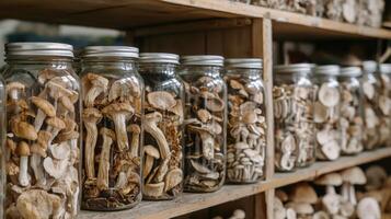 Dried mushrooms stored in jars for preservation. Dry mushrooms in clear glass jar on kitchen photo