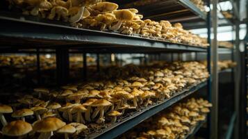 Mushroom cultivation in indoor farms, Growing of mushrooms from compost into casing on organic farm photo
