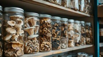 Dried mushrooms stored in jars for preservation. Dry mushrooms in clear glass jar on kitchen photo