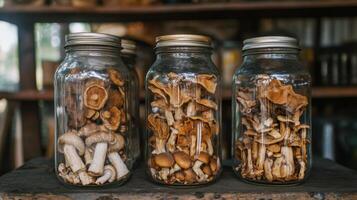 Dried mushrooms stored in jars for preservation. Dry mushrooms in clear glass jar on kitchen photo
