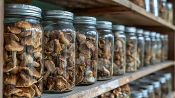 Dried mushrooms stored in jars for preservation. Dry mushrooms in clear glass jar on kitchen photo