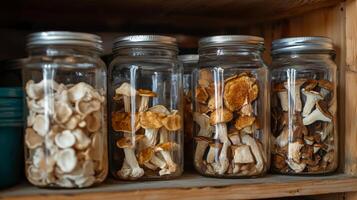 Dried mushrooms stored in jars for preservation. Dry mushrooms in clear glass jar on kitchen photo