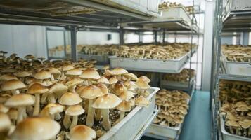 Mushroom cultivation in indoor farms, Growing of mushrooms from compost into casing on organic farm photo