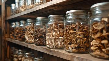 Dried mushrooms stored in jars for preservation. Dry mushrooms in clear glass jar on kitchen photo