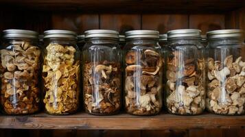 Dried mushrooms stored in jars for preservation. Dry mushrooms in clear glass jar on kitchen photo