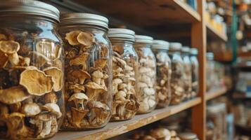 Dried mushrooms stored in jars for preservation. Dry mushrooms in clear glass jar on kitchen photo