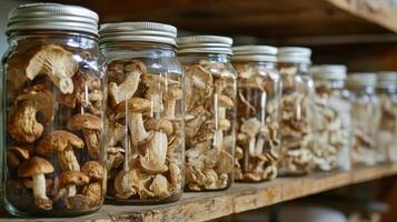 Dried mushrooms stored in jars for preservation. Dry mushrooms in clear glass jar on kitchen photo