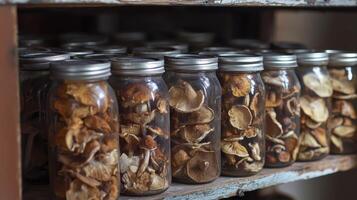 Dried mushrooms stored in jars for preservation. Dry mushrooms in clear glass jar on kitchen photo
