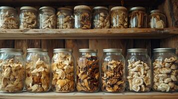 Dried mushrooms stored in jars for preservation. Dry mushrooms in clear glass jar on kitchen photo