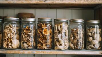 Dried mushrooms stored in jars for preservation. Dry mushrooms in clear glass jar on kitchen photo