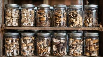 Dried mushrooms stored in jars for preservation. Dry mushrooms in clear glass jar on kitchen photo