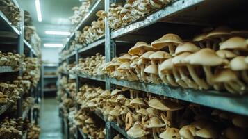 Mushroom cultivation in indoor farms, Growing of mushrooms from compost into casing on organic farm photo