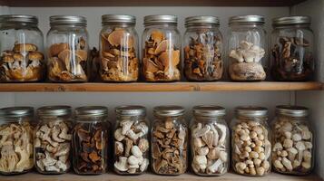 Dried mushrooms stored in jars for preservation. Dry mushrooms in clear glass jar on kitchen photo