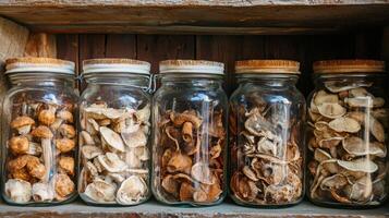 Dried mushrooms stored in jars for preservation. Dry mushrooms in clear glass jar on kitchen photo