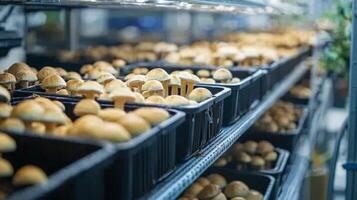 Mushroom cultivation in indoor farms, Growing of mushrooms from compost into casing on organic farm photo