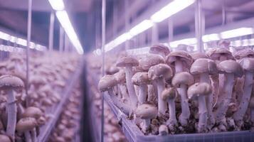 Mushroom cultivation in indoor farms, Growing of mushrooms from compost into casing on organic farm photo