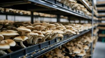 Mushroom cultivation in indoor farms, Growing of mushrooms from compost into casing on organic farm photo