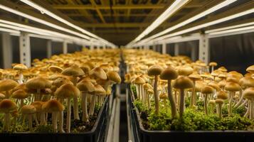Mushroom cultivation in indoor farms, Growing of mushrooms from compost into casing on organic farm photo