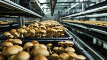 Mushroom cultivation in indoor farms, Growing of mushrooms from compost into casing on organic farm photo