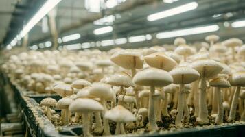 Mushroom cultivation in indoor farms, Growing of mushrooms from compost into casing on organic farm photo