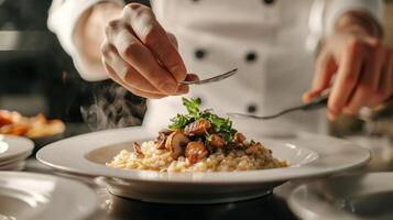 The chef prepares Risotto with mushrooms. Risotto with mushrooms is served in an elegant plate photo