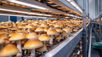 Mushroom cultivation in indoor farms, Growing of mushrooms from compost into casing on organic farm photo