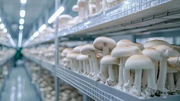 Mushroom cultivation in indoor farms, Growing of mushrooms from compost into casing on organic farm photo