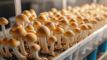 Mushroom cultivation in indoor farms, Growing of mushrooms from compost into casing on organic farm photo
