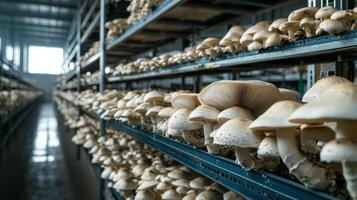 Mushroom cultivation in indoor farms, Growing of mushrooms from compost into casing on organic farm photo