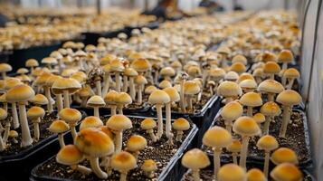 Mushroom cultivation in indoor farms, Growing of mushrooms from compost into casing on organic farm photo