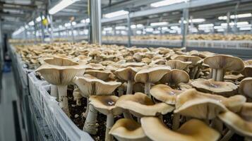 Mushroom cultivation in indoor farms, Growing of mushrooms from compost into casing on organic farm photo