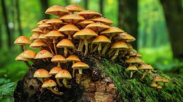 A forest scene with mushrooms growing on a fallen log, surrounded by moss and leaves photo