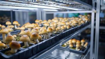 Mushroom cultivation in indoor farms, Growing of mushrooms from compost into casing on organic farm photo