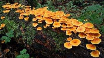 A forest scene with mushrooms growing on a fallen log, surrounded by moss and leaves photo