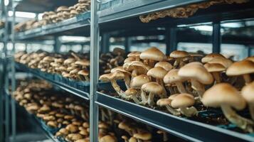 Mushroom cultivation in indoor farms, Growing of mushrooms from compost into casing on organic farm photo