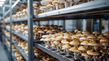 Mushroom cultivation in indoor farms, Growing of mushrooms from compost into casing on organic farm photo