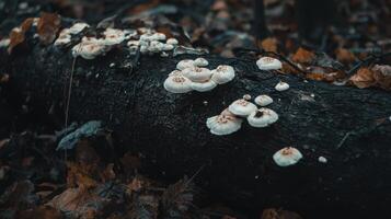 A forest scene with mushrooms growing on a fallen log, surrounded by moss and leaves photo