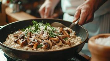 The chef prepares Risotto with mushrooms. Risotto with mushrooms is served in an elegant plate photo