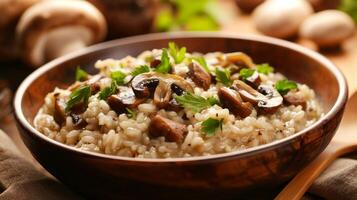 The chef prepares Risotto with mushrooms. Risotto with mushrooms is served in an elegant plate photo