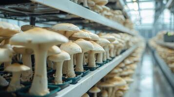 Mushroom cultivation in indoor farms, Growing of mushrooms from compost into casing on organic farm photo