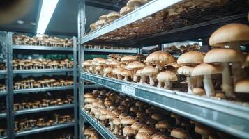 Mushroom cultivation in indoor farms, Growing of mushrooms from compost into casing on organic farm photo