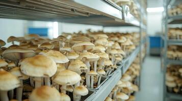 Mushroom cultivation in indoor farms, Growing of mushrooms from compost into casing on organic farm photo