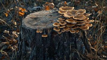 A forest scene with mushrooms growing on tree stump photo