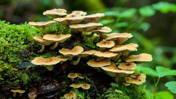 Mushrooms growing in a lush forest setting photo