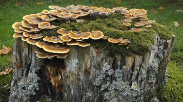 A forest scene with mushrooms growing on tree stump photo