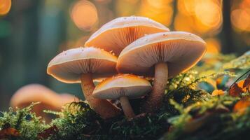 Mushrooms growing in a lush forest setting photo