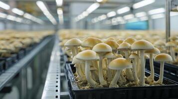 Mushroom cultivation in indoor farms, Growing of mushrooms from compost into casing on organic farm photo